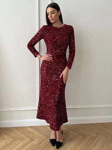 Bornladies Autumn New Sequined Dress Women Design Evening Gown Elegant Lady Stylish Long Sleeves Slimming Long Fish Tail Dress