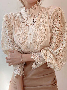 Women's Chiffon Turtleneck Blouse – Elegant Lace, Fluffy Sleeves & Oversized Fit