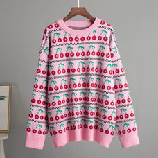 Bornladies Women's Cherry Print Knitted Sweater – Retro Round Neck Pullover