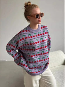 Bornladies Women's Cherry Print Knitted Sweater – Retro Round Neck Pullover