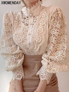 Women's Chiffon Turtleneck Blouse – Elegant Lace, Fluffy Sleeves & Oversized Fit